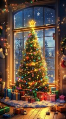 Christmas Celebration With a Beautifully Decorated Tree Glowing Brightly by the Window Surrounded by Colorful Presents