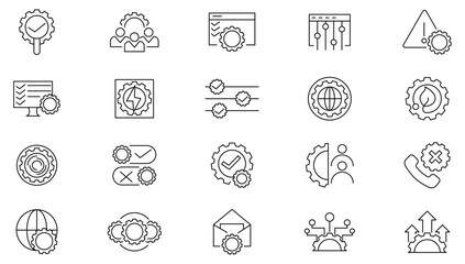 Fototapeta premium Setting line icon set. Gear, adjustments, setup, preferences, options, controls, service, operation, technology, design, project, production, construction line icon set. Ui thin line icon pack.