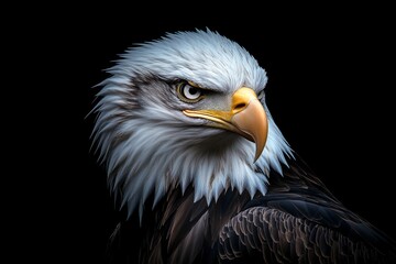 Fototapeta premium Majestic bald eagle displays its fierce gaze against a dark background
