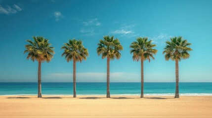 Obraz premium Five palm trees stand in a row on a sandy beach.