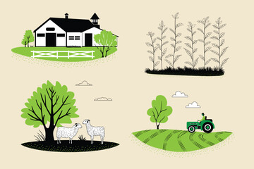 Rural scenes, a farmhouse, an agricultural tractor in a field, a pasture with livestock