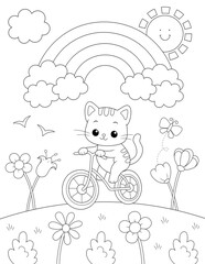 cat riding a bike, rainbow and flowers coloring page. you can print it on standard 8.5x11 inch paper