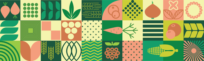 Agricultural geometric mosaic with a seamless pattern and abstract shapes featuring organic, eco-friendly plant-based farm products.