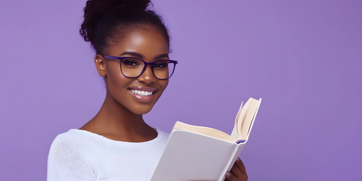 Stylish reader with glasses, happy book lover, beautiful smile with book, charming look with glasses and book, joyful reading moment