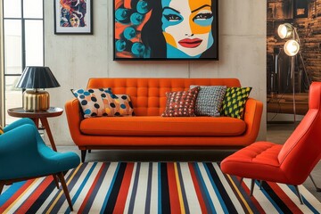 Trendy living room with a mix of retro and contemporary furniture, pop art pieces, and a bold,...