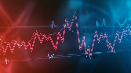 Abstract digital representation of fluctuating data trends, featuring vibrant red and blue lines against a dark background.