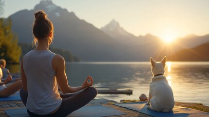Fototapeta premium Woman meditating by lake at sunrise with dog.