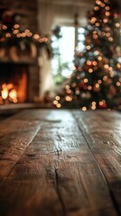 Obraz premium Cozy living room with fireplace and Christmas tree during festive season