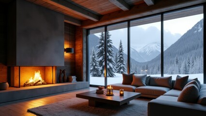 Modern cabin with large windows, glowing fireplace, and snowy mountain views, radiating cozy charm