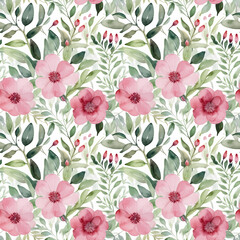 Watercolor Floral Seamless Pattern with Pink and Red Flowers