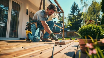 Expert carpenter skillfully crafting a wooden deck in a lush backyard setting

