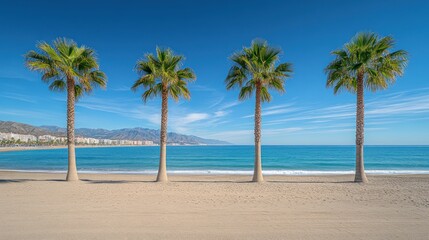 Fototapeta premium Four palm trees on a sandy beach with blue ocean and sky.