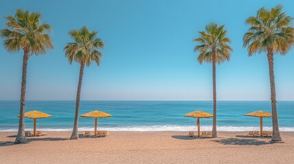 Obraz premium Four palm trees stand on a sandy beach with turquoise water, blue sky and four yellow umbrellas.