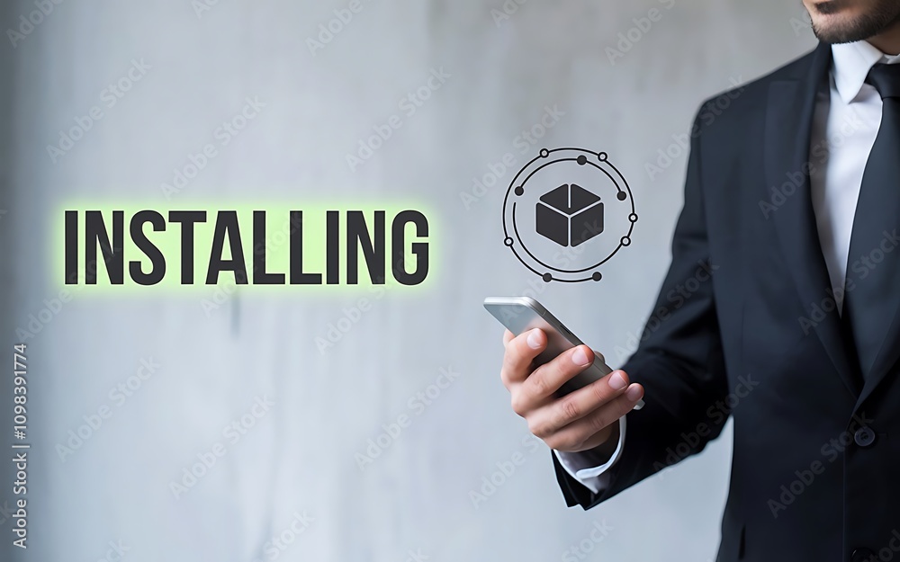 Poster installing mobile app: businessman using smartphone installing application