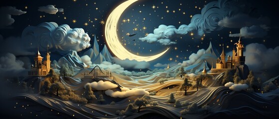 Obraz premium Dreamy Night Landscape with Moon and Fantasy Elements in Art