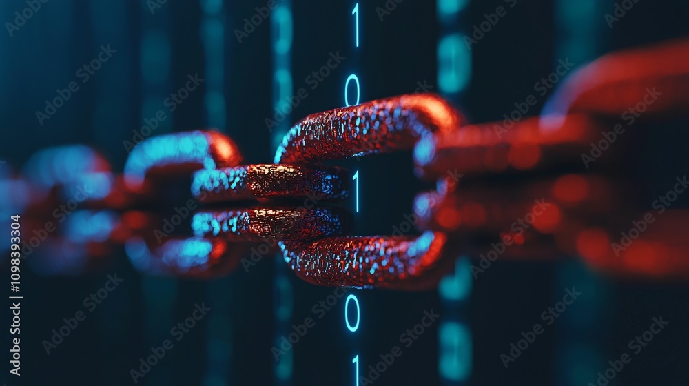 Poster healthcare it security. a close-up view of a digital chain link with binary code, symbolizing securi