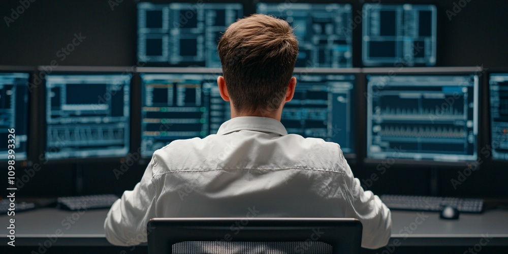 Poster healthcare it security. a focused individual analyzes data on multiple computer monitors in a modern