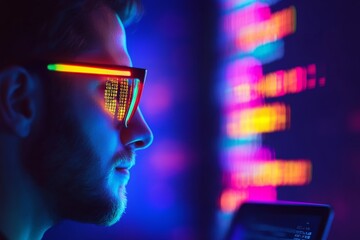 A composite image of a programmer, showcasing both a laptop and code through double exposure.