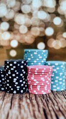 Obraz premium Stacked poker chips in various colors sit on a wooden surface