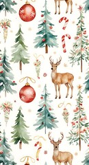 Naklejka premium Adornos de acuarela y hojas de patrones sin fisuras, elementos festivos, decoraciones navideñas de diseño sin costuras.