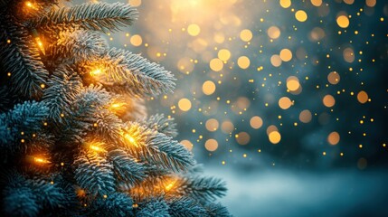 Fototapeta premium Frosty pine branches with twinkling lights and bokeh background.