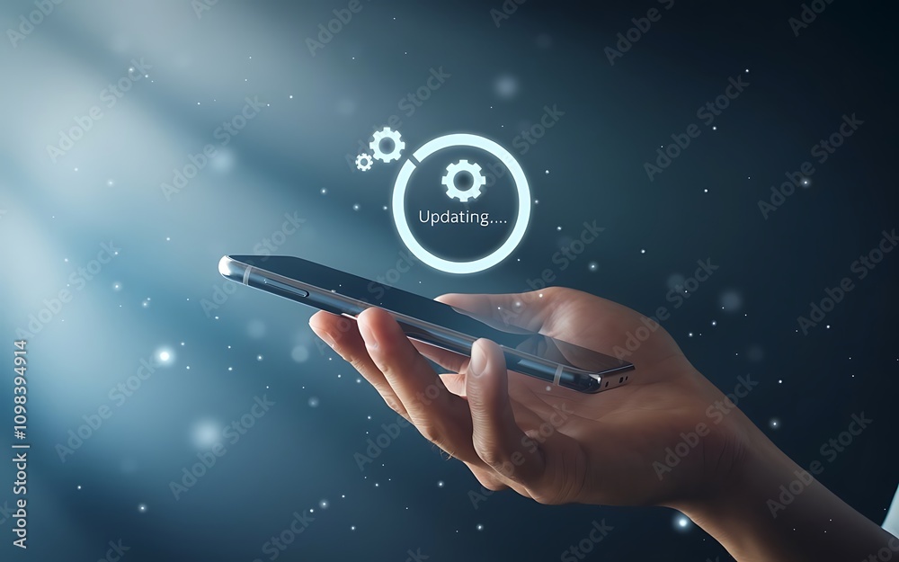 Poster smartphone update: close-up view of a hand holding a smartphone with a loading icon and the word 