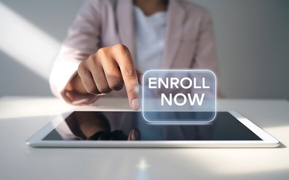 Enroll Now: Woman's finger presses "Enroll Now" button on tablet screen. Modern online registration concept.  