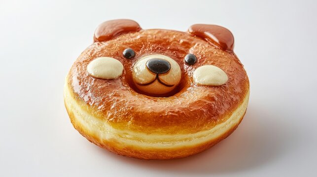 A cute bear-shaped donut with a glossy finish, featuring chocolate and cream details, perfect for desserts or themed treats.