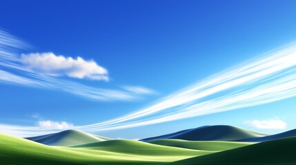 Obraz premium A serene landscape showcasing rolling hills under a bright blue sky with wispy clouds, perfect for nature-themed projects.