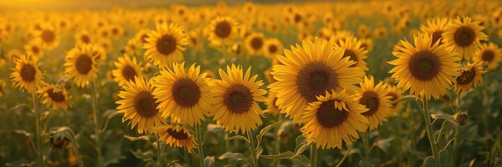 Obraz premium Golden sunflowers glowing in the fading light of dusk in a meadow filled with golden hues, sunflowers, glowing
