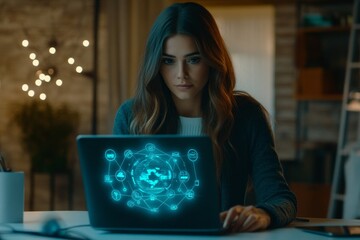 A businesswoman utilizing digital network icons, emphasizing the concept of business technology networks.