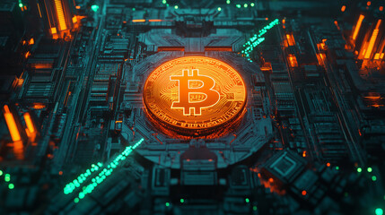 Glowing Bitcoin on a Futuristic Digital Circuit Design, cryptocurrency PNG