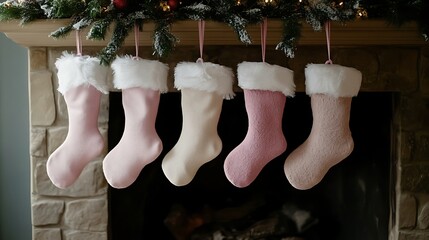 Empty Stockings Hung On Fireplace On Christmas Eve