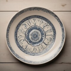 Decorative ceramic plate with floral pattern on wooden background, copy space