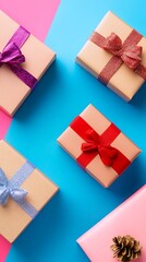 Gift boxes on color background, flat lay
