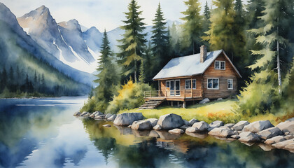 Obraz premium Serene lakeside cabin surrounded by mountains and pine trees in watercolor illustration