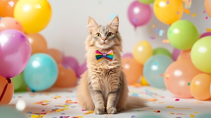 Adorable fluffy cat in festive setting with colorful balloons and confetti creating a joyful and celebratory atmosphere for special occasions