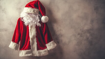 Santa claus costume and hat hanging on a wall