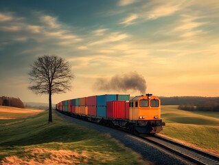 Fototapeta premium Vintage freight train chugging along the tracks transporting multicolored cargo containers through a picturesque countryside landscape with rolling hills a lone oak tree