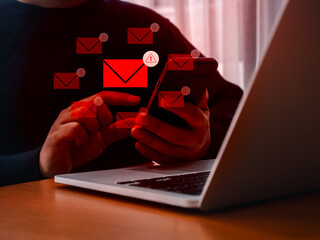 SMS or email spam, fake text message phishing from scammer concept. Many red envelope with system...