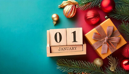  1 January. Christmas composition on colored background with a wooden calendar,
