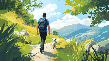 A man walks along a scenic trail with his dog, surrounded by lush nature and open skies, representing the joy of outdoor adventure and community.