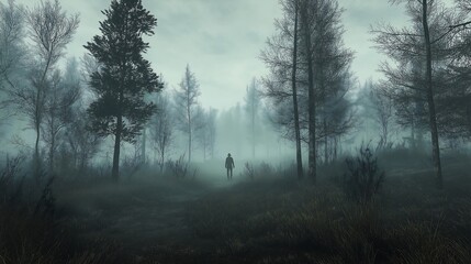 A lonely figure standing in a misty, empty forest.