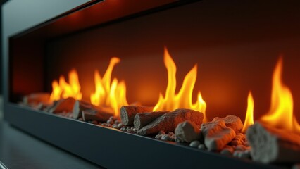 Modern close-up of gas flames with stones creating a sleek and contemporary fireplace design