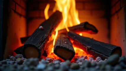 Detailed close-up of burning logs with glowing embers and intense orange flames