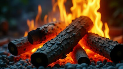 Burning logs with intense orange flames in a detailed fiery composition
