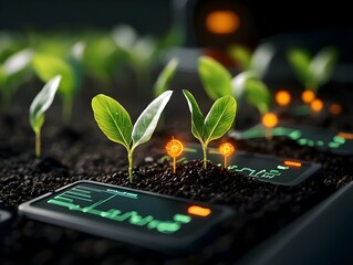 Closeup portrait of thriving corn seedlings with intricate leaf details and stalks emerging from fertile soil showcasing a precision agriculture monitoring system with glowing diagnostic screens
