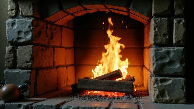 Rustic brick fireplace with bright flames and glowing embers in a stone alcove