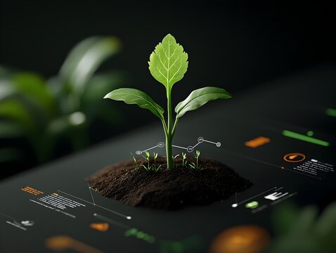 digital painting of a thriving corn seedling surrounded by data visualization infographics demonstrating the principles of smart farming and precision agriculture with subtle sci fi undertones