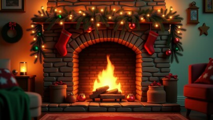 Fototapeta premium Brick fireplace with Christmas stockings and garlands in a festive cozy setting